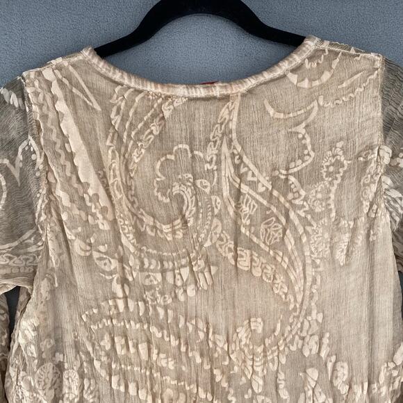 Scandal Italy Crepe Silk Womens Roll Sleeve Blouse S Tan Boho Floral Lagenlook - Picture 8 of 16